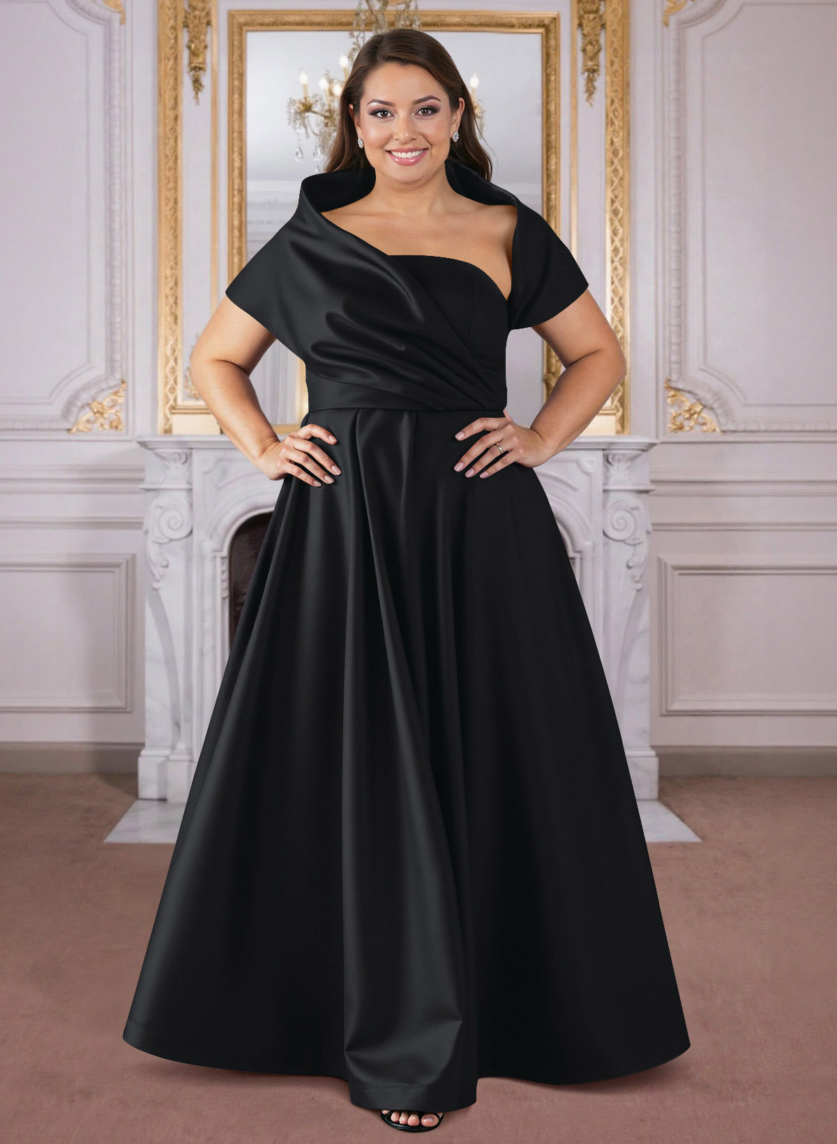 A-Line Cape Sleeves Floor-Length Satin Mother Of The Bride Dresses, product image 3