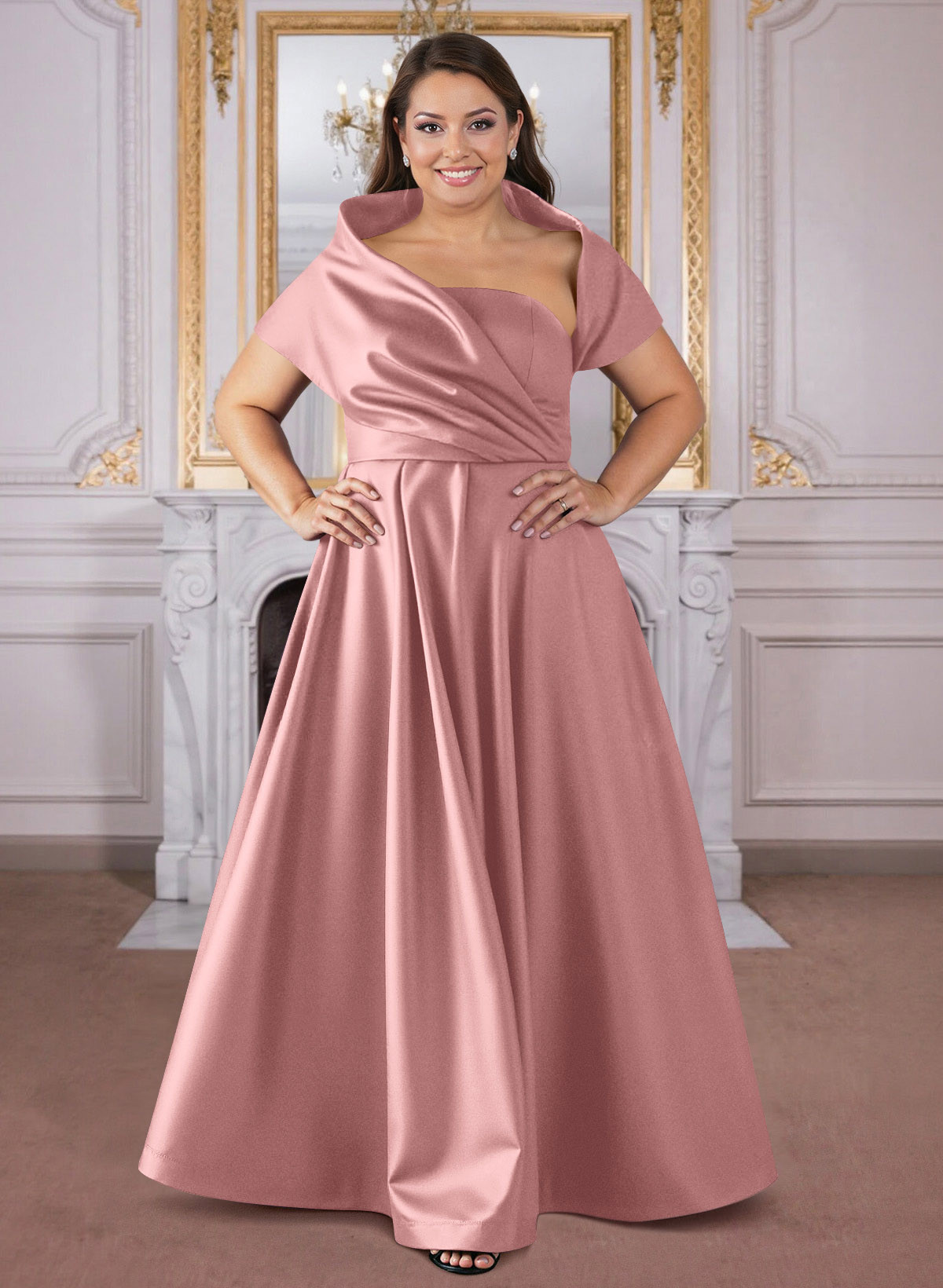 A-Line Cape Sleeves Floor-Length Satin Mother Of The Bride Dresses, product image 39