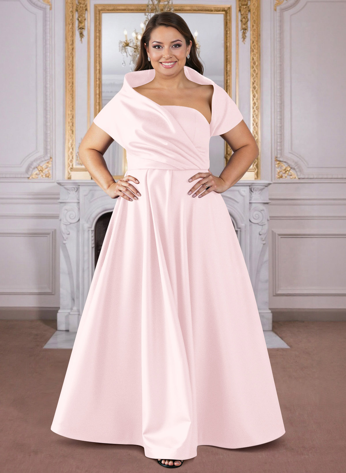 A-Line Cape Sleeves Floor-Length Satin Mother Of The Bride Dresses, product image 45