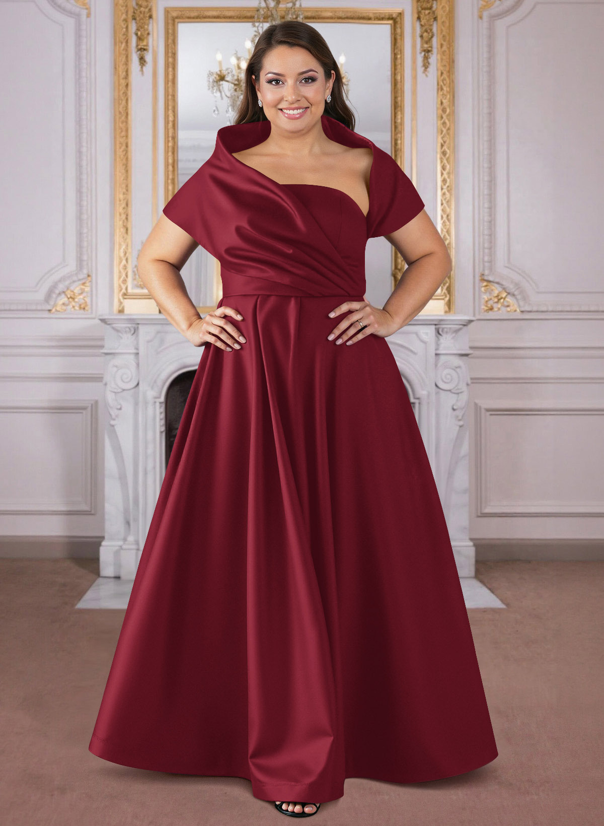 A-Line Cape Sleeves Floor-Length Satin Mother Of The Bride Dresses, product image 51