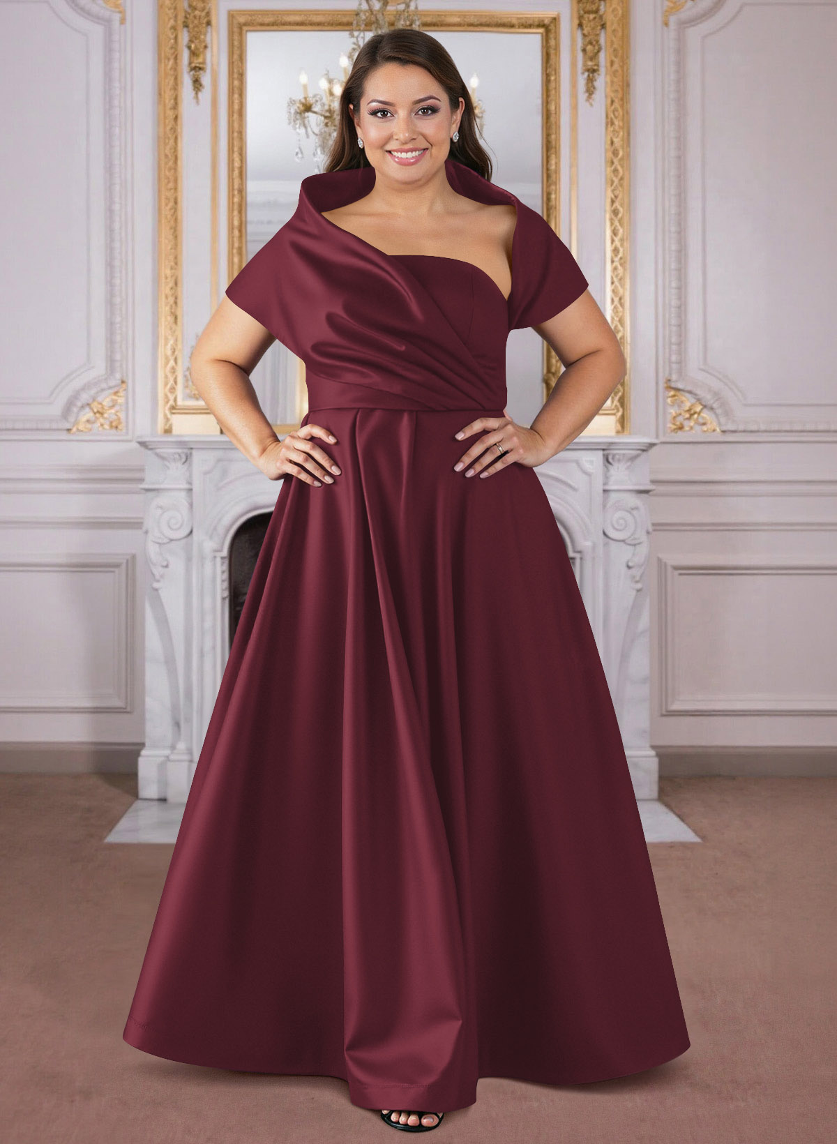 A-Line Cape Sleeves Floor-Length Satin Mother Of The Bride Dresses, product image 53