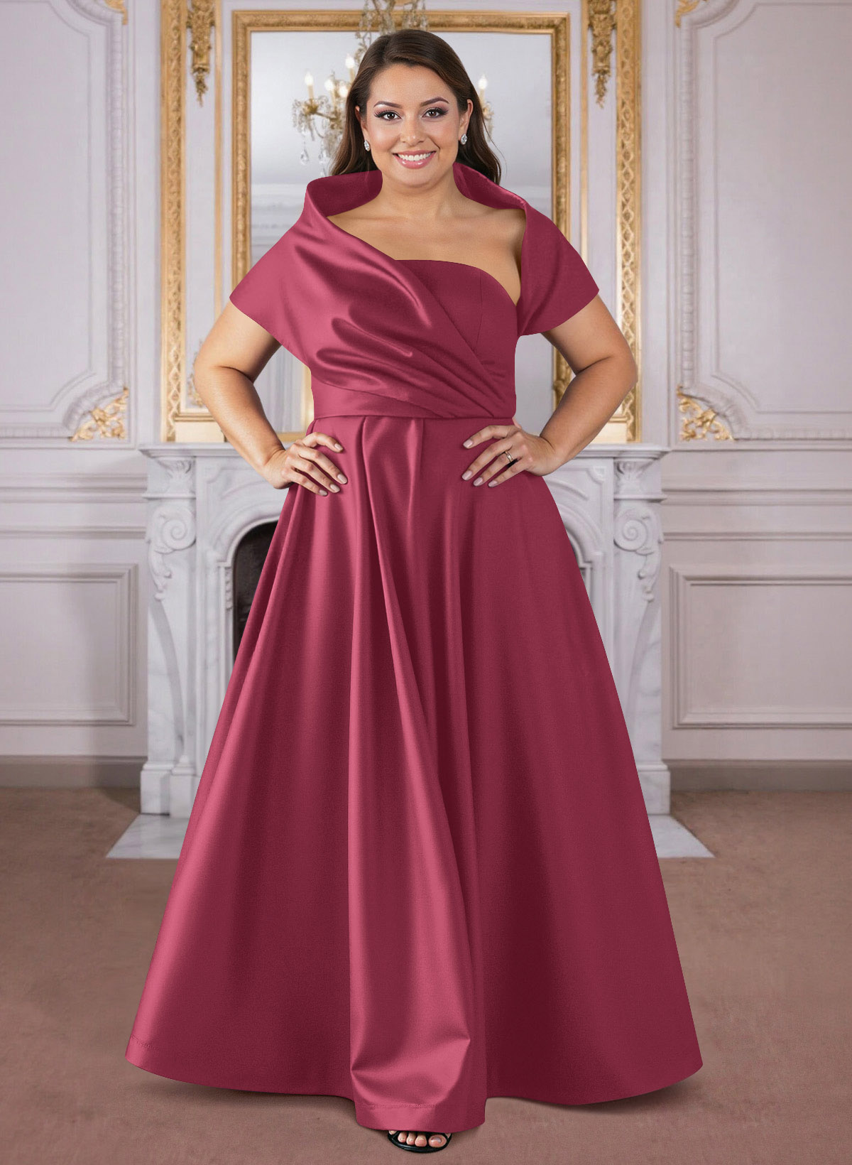 A-Line Cape Sleeves Floor-Length Satin Mother Of The Bride Dresses, product image 55