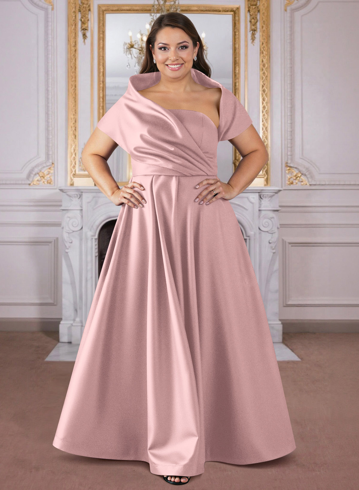 A-Line Cape Sleeves Floor-Length Satin Mother Of The Bride Dresses, product image 35
