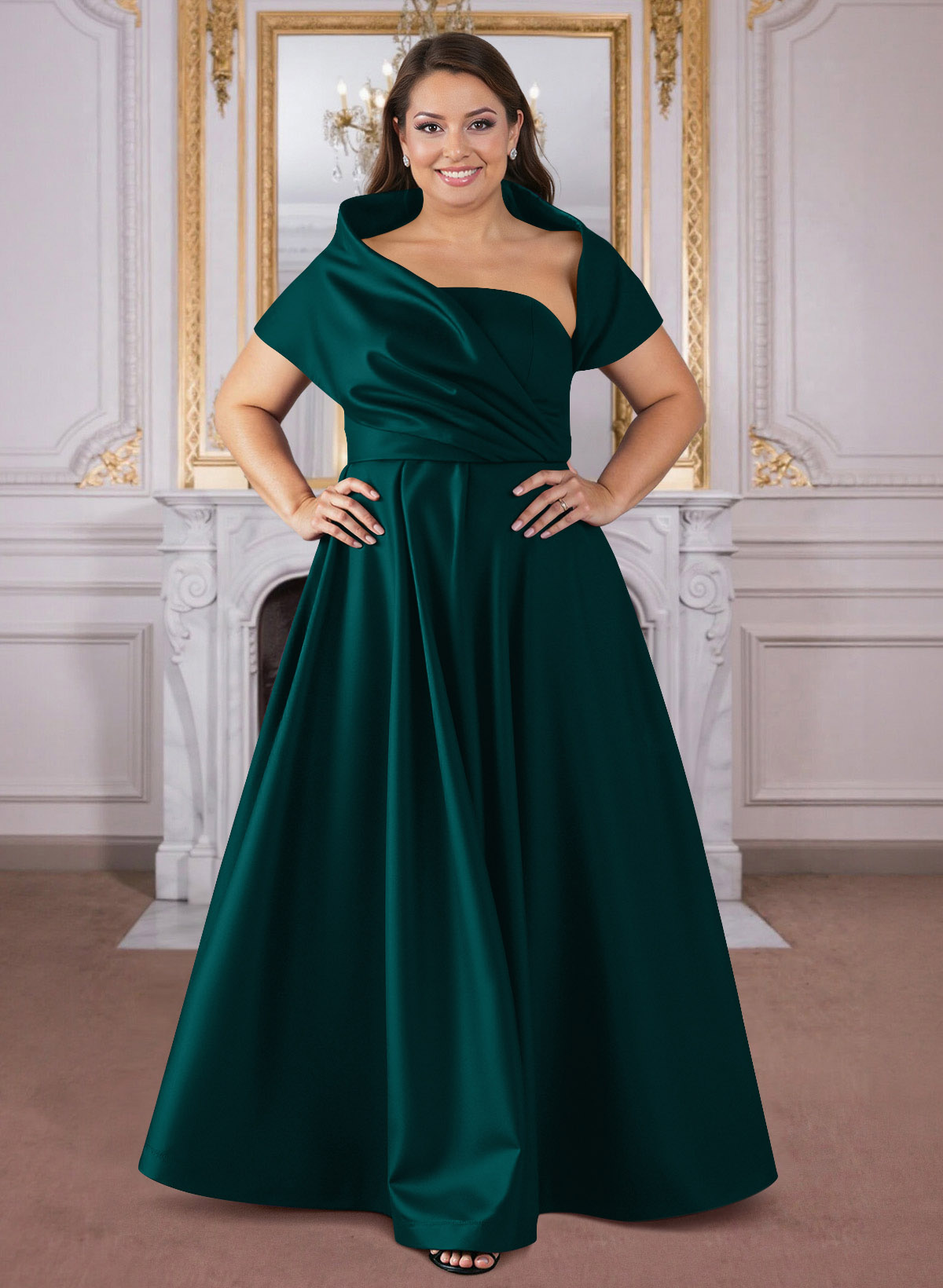 A-Line Cape Sleeves Floor-Length Satin Mother Of The Bride Dresses, product image 65