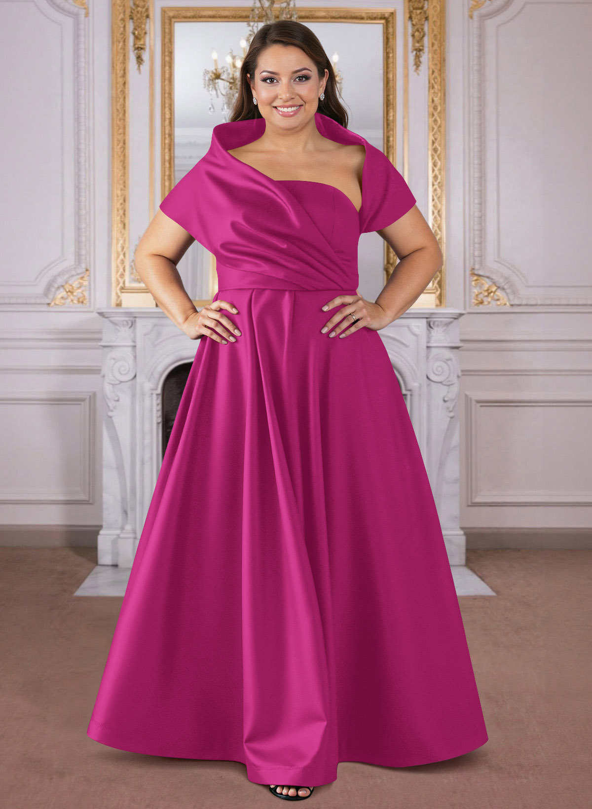 A-Line Cape Sleeves Floor-Length Satin Mother Of The Bride Dresses, product image 31