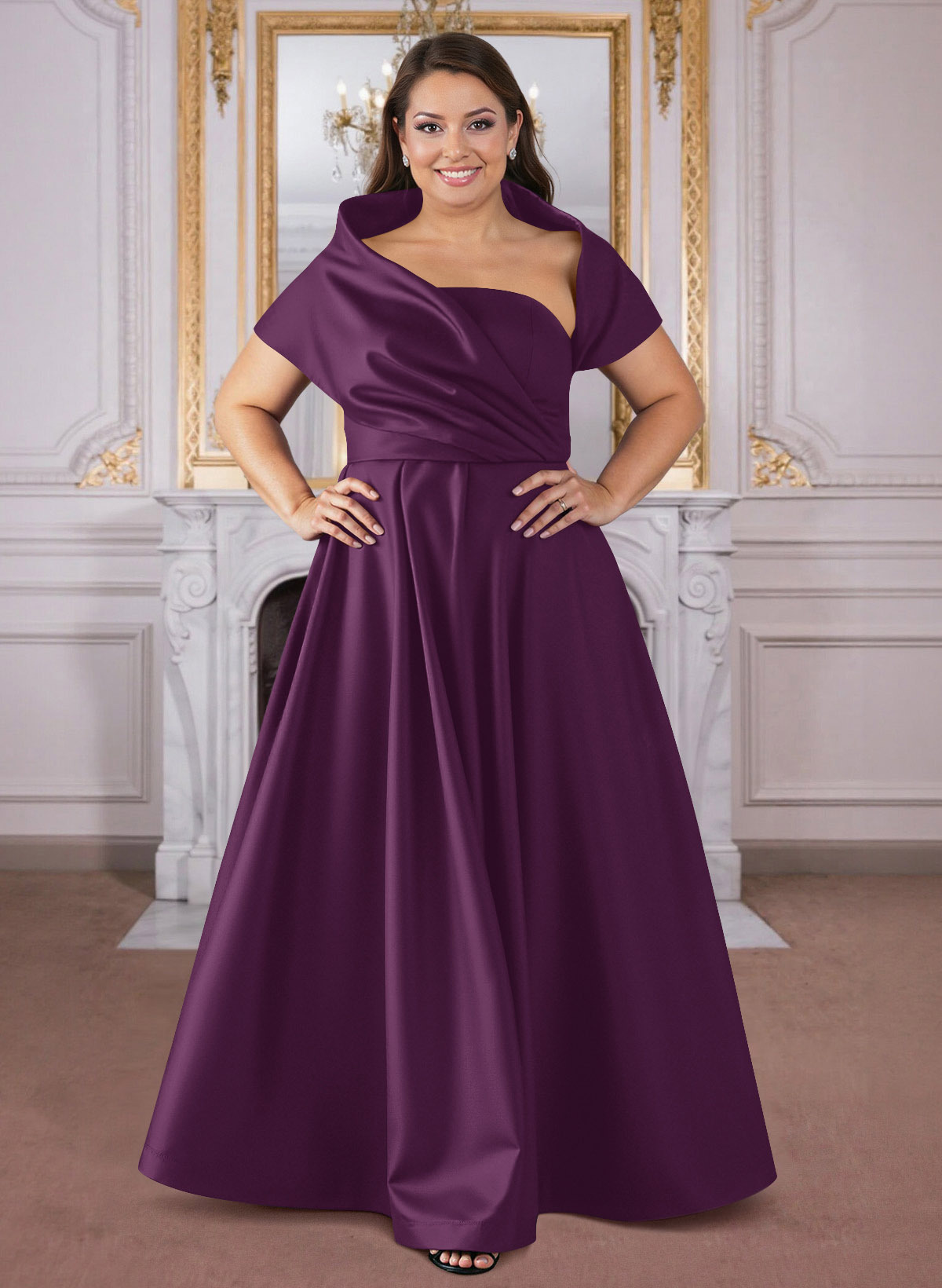 A-Line Cape Sleeves Floor-Length Satin Mother Of The Bride Dresses in Grape, US2