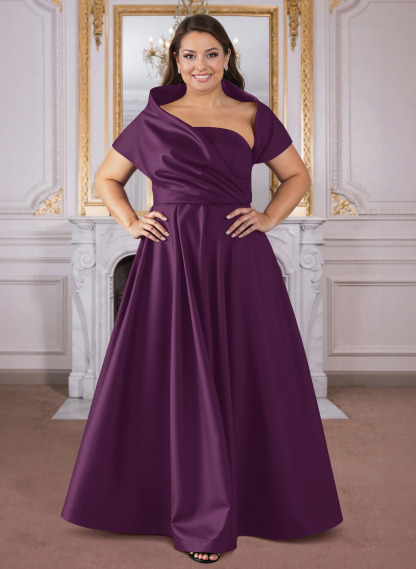 A-Line Cape Sleeves Floor-Length Satin Mother Of The Bride Dresses in Grape, US2