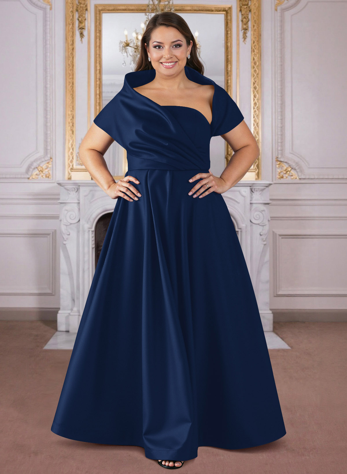 A-Line Cape Sleeves Floor-Length Satin Mother Of The Bride Dresses, product image 9