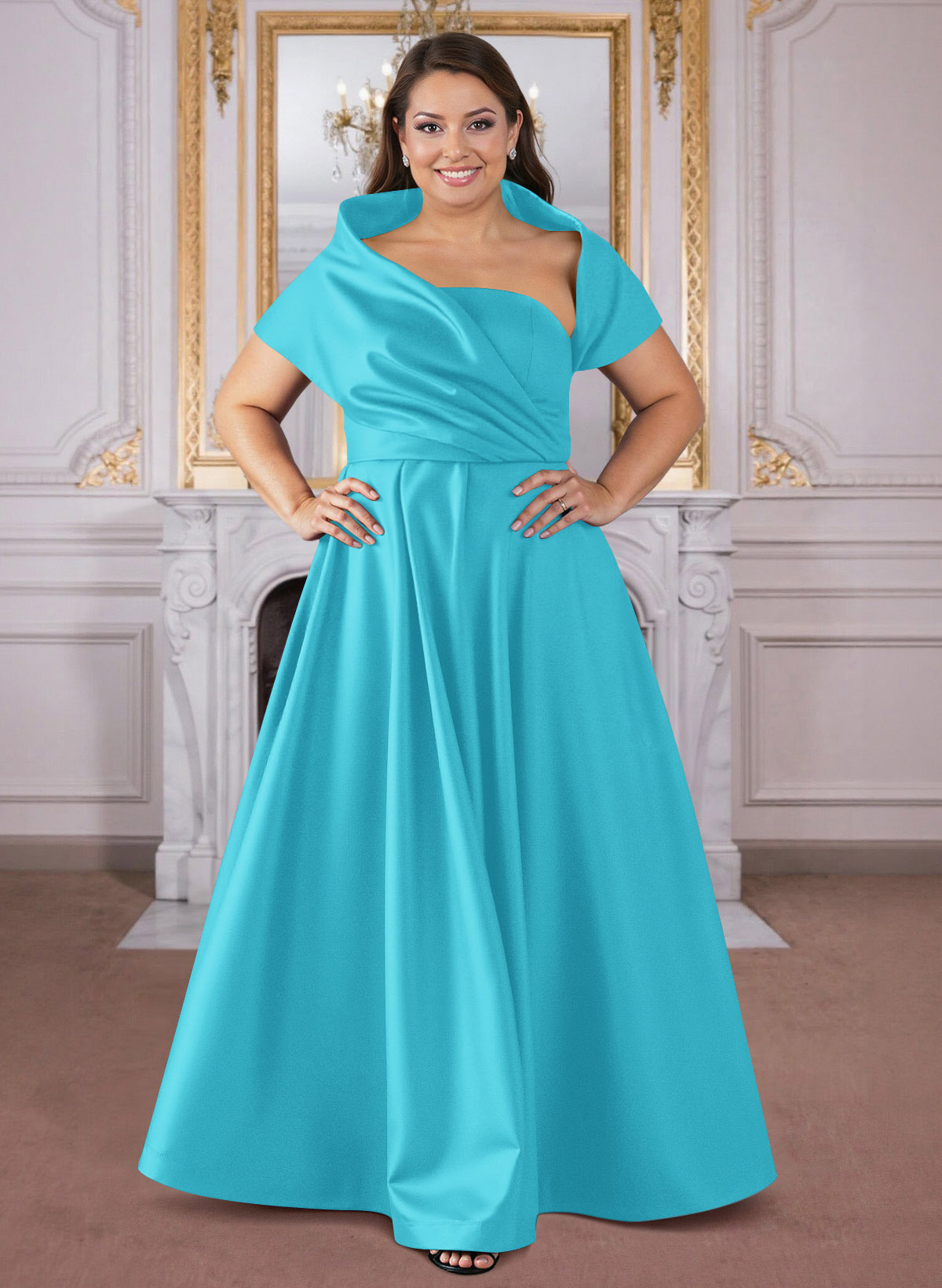 A-Line Cape Sleeves Floor-Length Satin Mother Of The Bride Dresses, product image 23