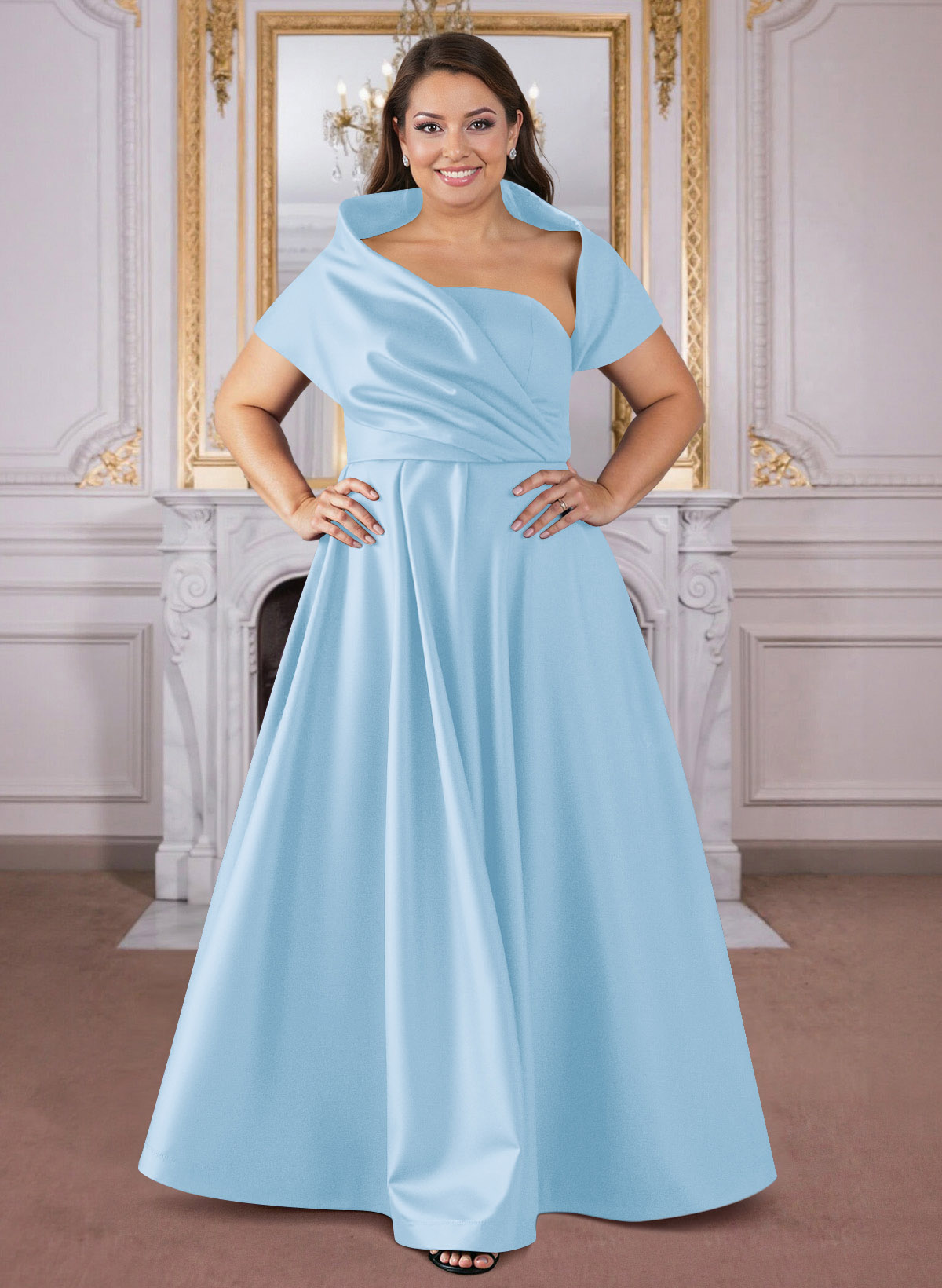 A-Line Cape Sleeves Floor-Length Satin Mother Of The Bride Dresses, product image 19
