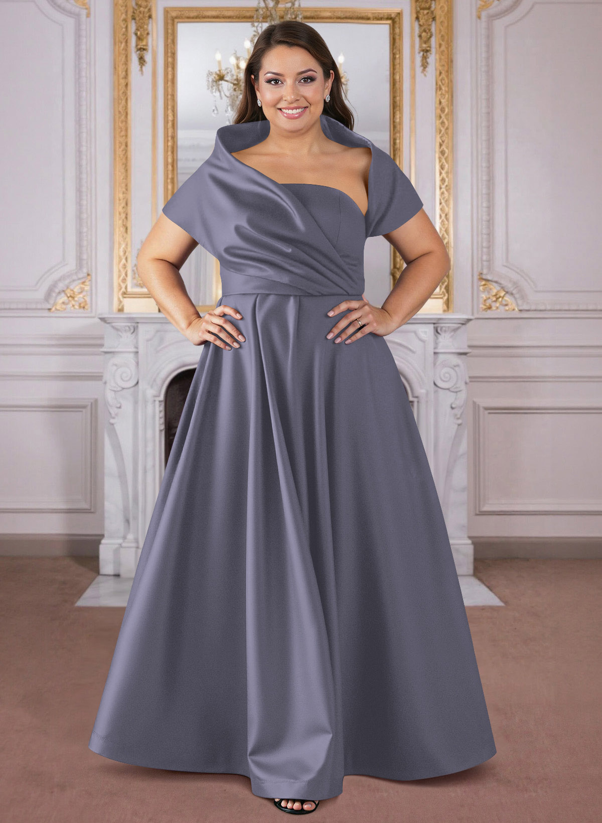 A-Line Cape Sleeves Floor-Length Satin Mother Of The Bride Dresses, product image 15
