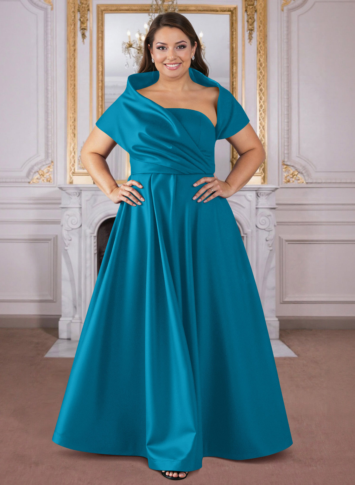 A-Line Cape Sleeves Floor-Length Satin Mother Of The Bride Dresses, product image 29