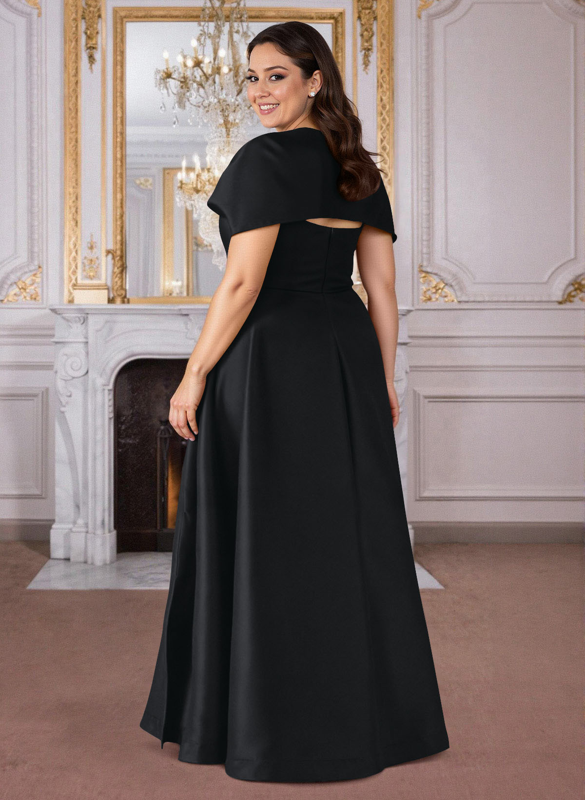 A-Line Cape Sleeves Floor-Length Satin Mother Of The Bride Dresses, product image 4