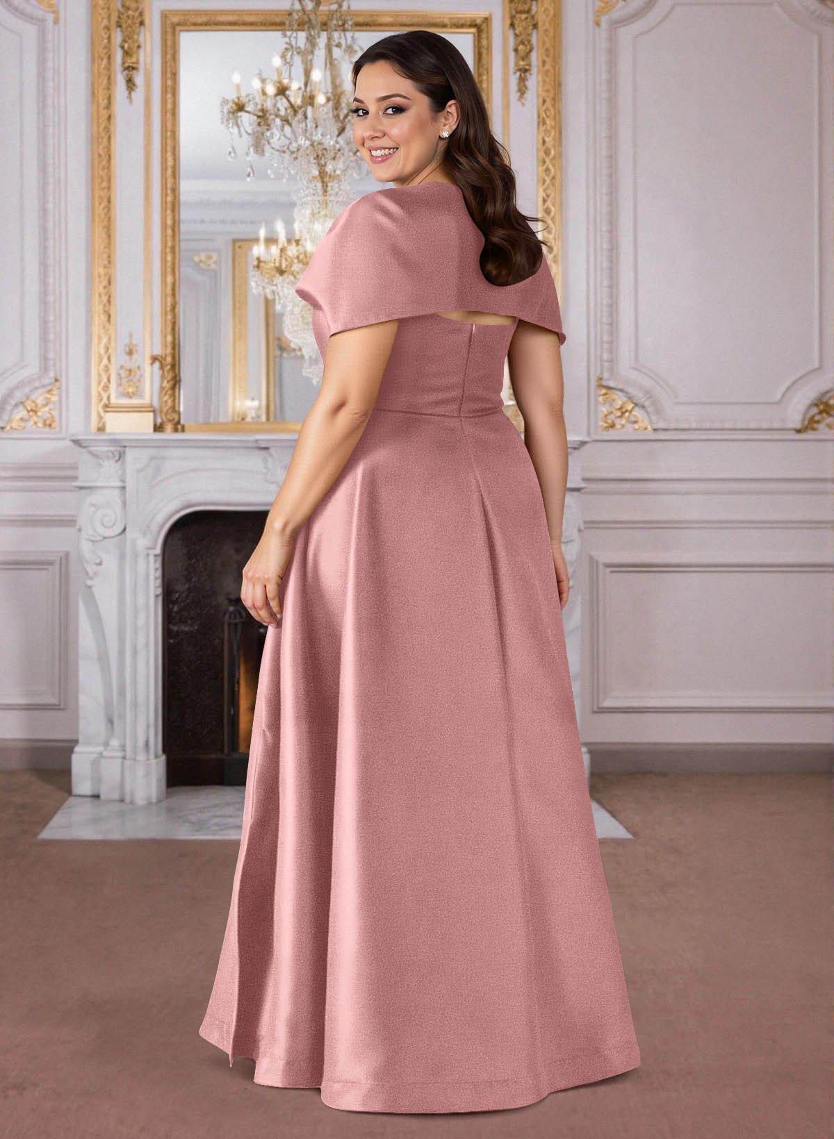 A-Line Cape Sleeves Floor-Length Satin Mother Of The Bride Dresses, product image 40
