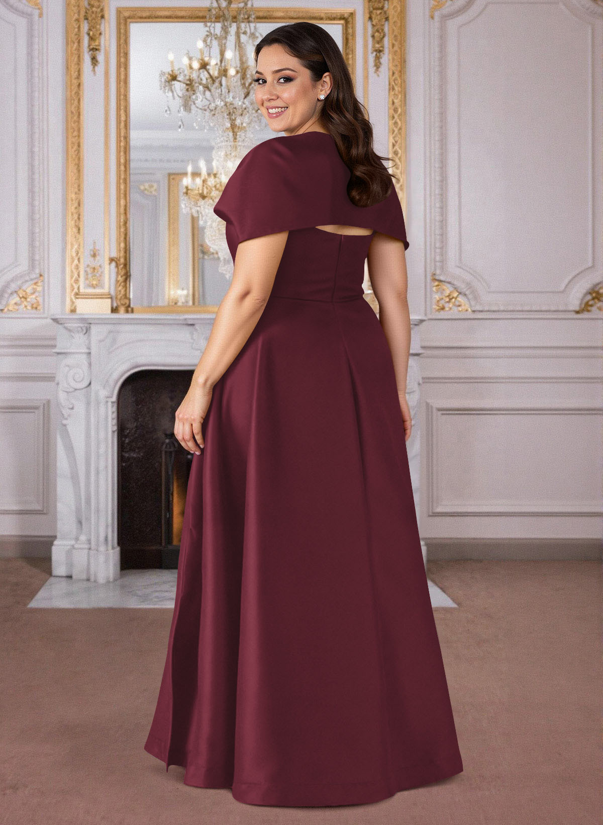 A-Line Cape Sleeves Floor-Length Satin Mother Of The Bride Dresses, product image 54