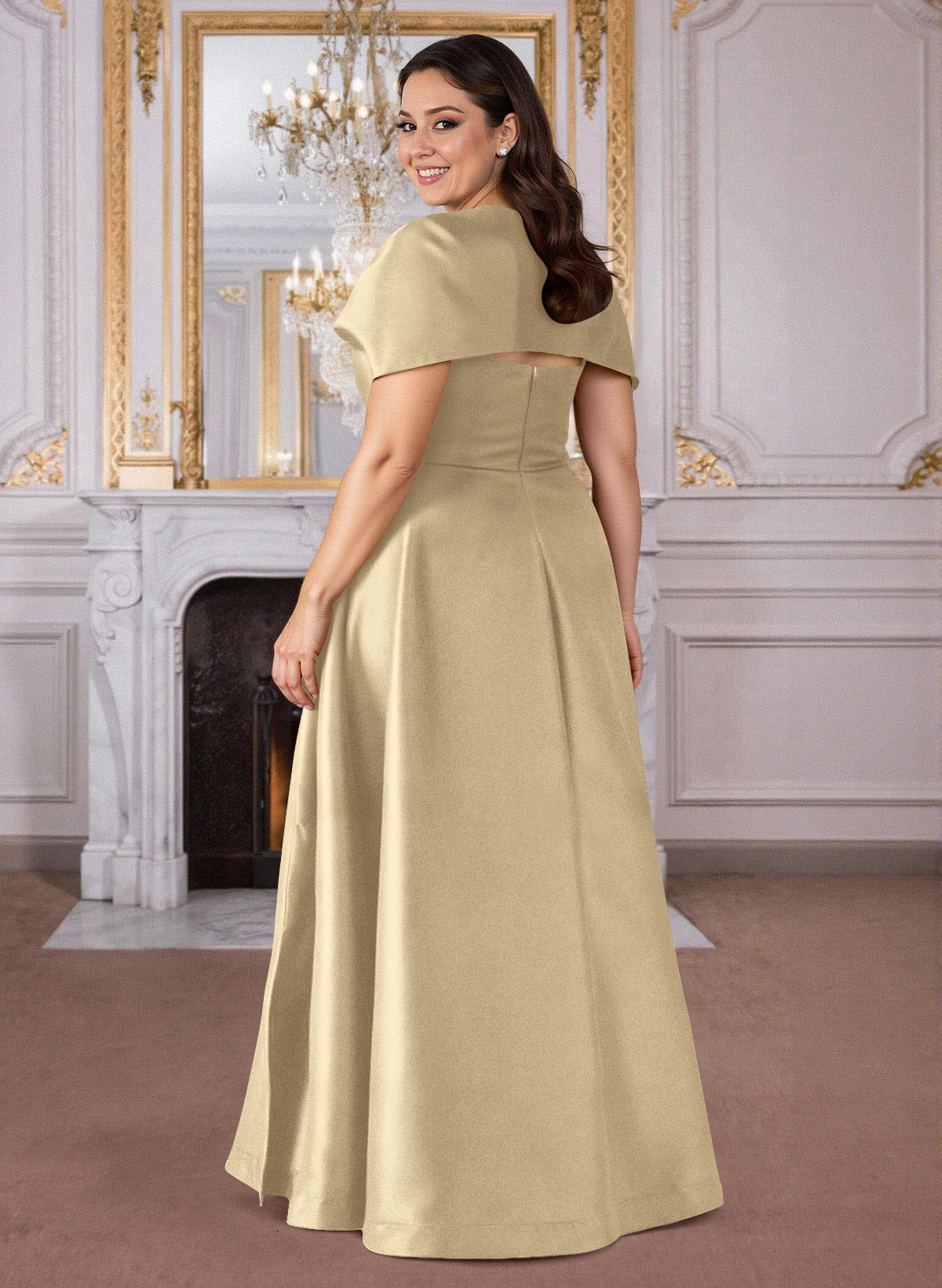 A-Line Cape Sleeves Floor-Length Satin Mother Of The Bride Dresses, product image 6