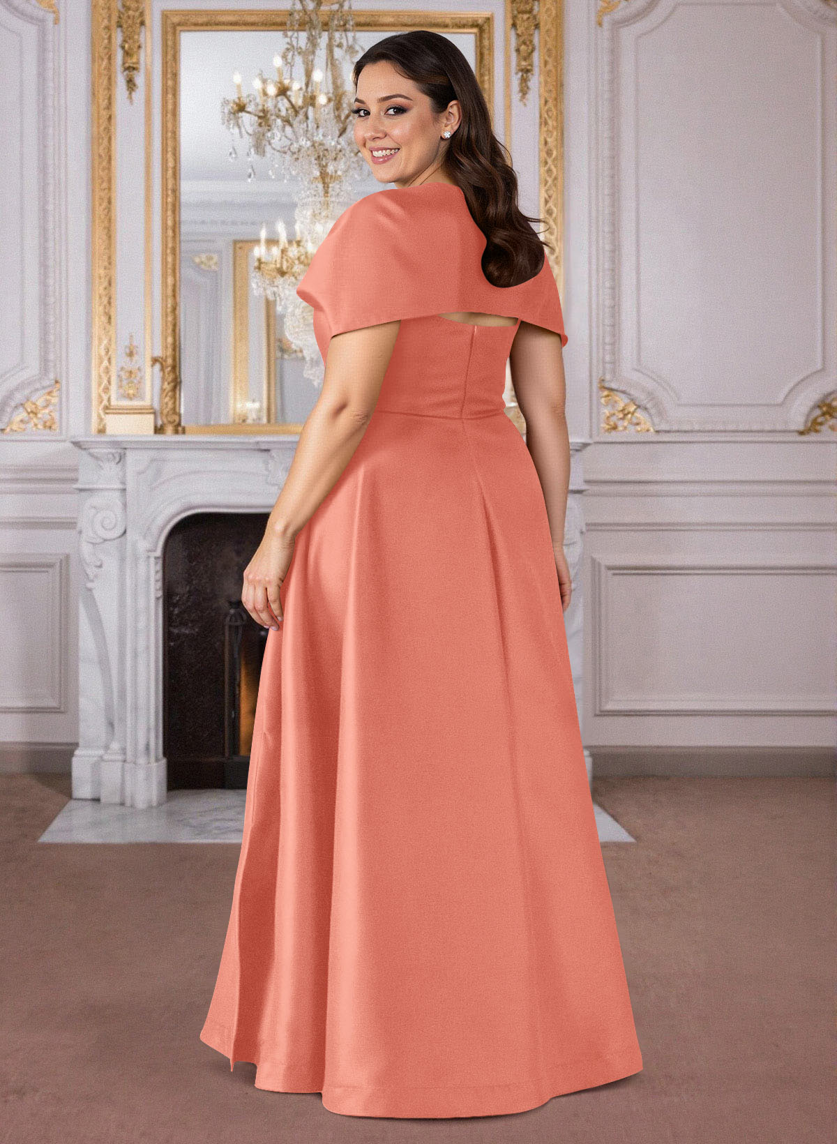 A-Line Cape Sleeves Floor-Length Satin Mother Of The Bride Dresses, product image 44