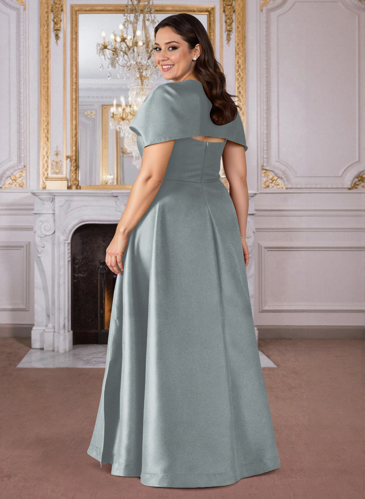 A-Line Cape Sleeves Floor-Length Satin Mother Of The Bride Dresses, product image 18