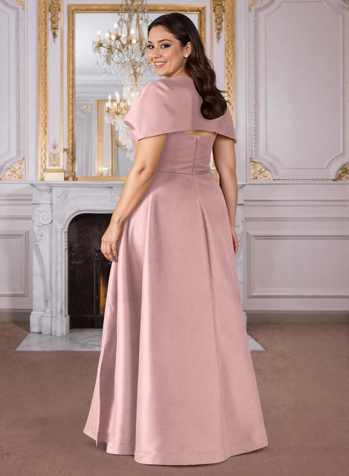 A-Line Cape Sleeves Floor-Length Satin Mother Of The Bride Dresses, product image 36