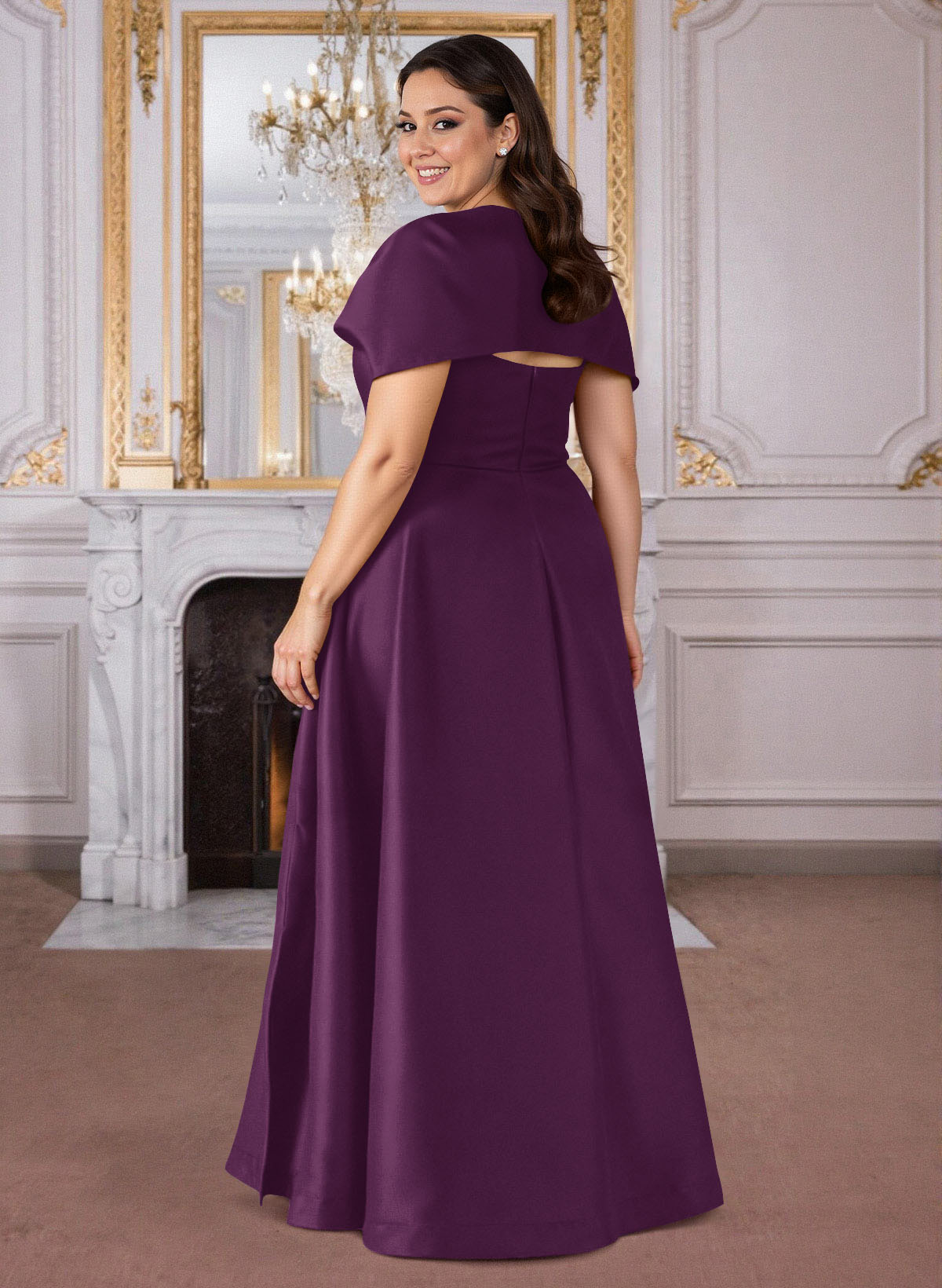 A-Line Cape Sleeves Floor-Length Satin Mother Of The Bride Dresses, product image 2