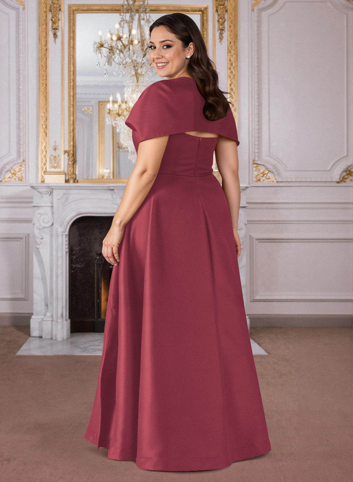 A-Line Cape Sleeves Floor-Length Satin Mother Of The Bride Dresses, product image 58