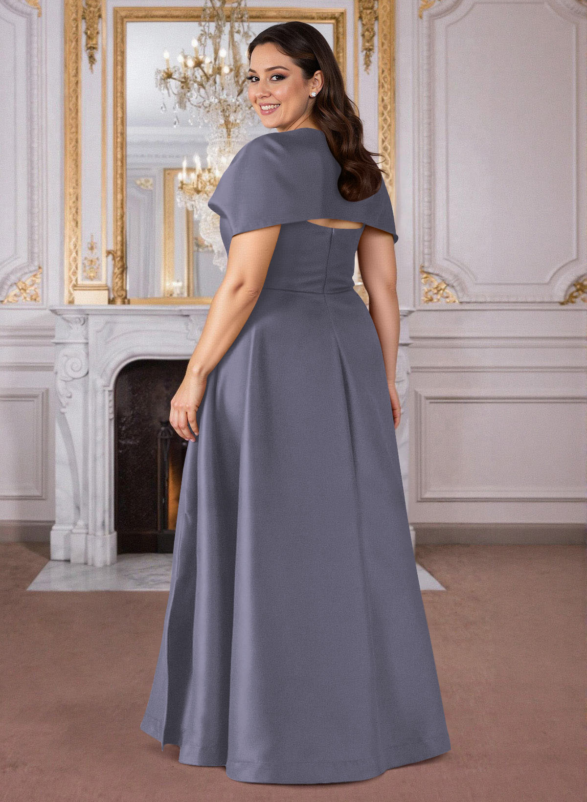 A-Line Cape Sleeves Floor-Length Satin Mother Of The Bride Dresses, product image 16