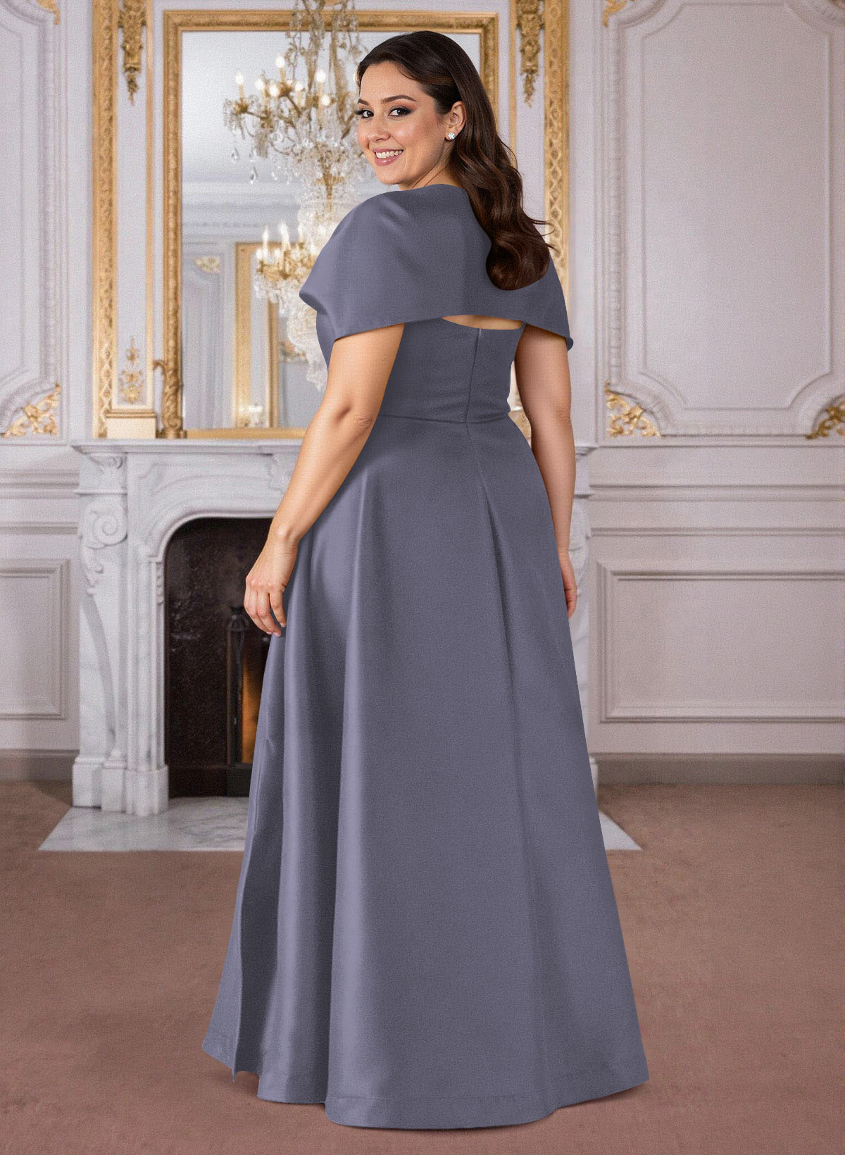 A-Line Cape Sleeves Floor-Length Satin Mother Of The Bride Dresses, product image 16