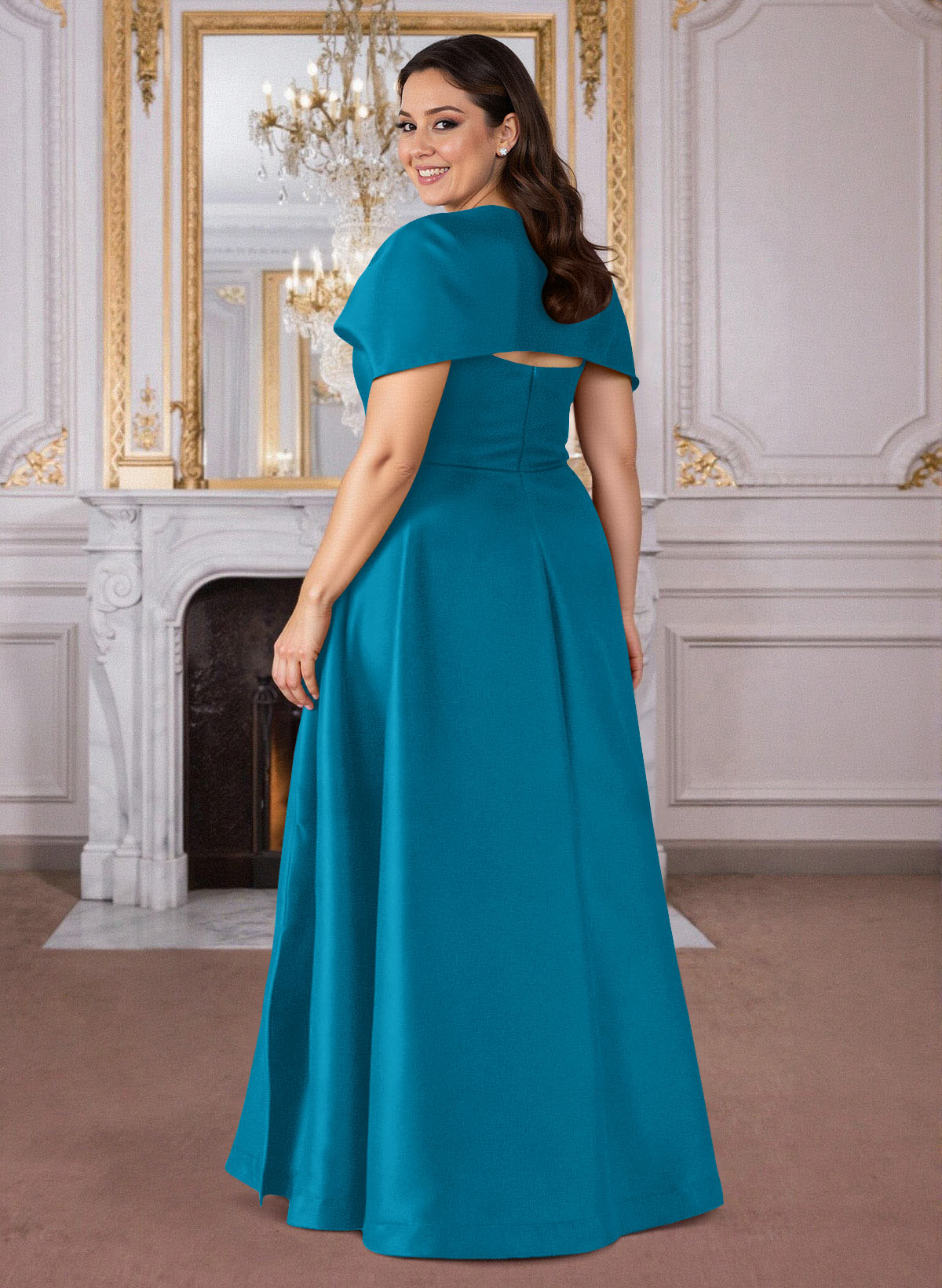 A-Line Cape Sleeves Floor-Length Satin Mother Of The Bride Dresses, product image 30