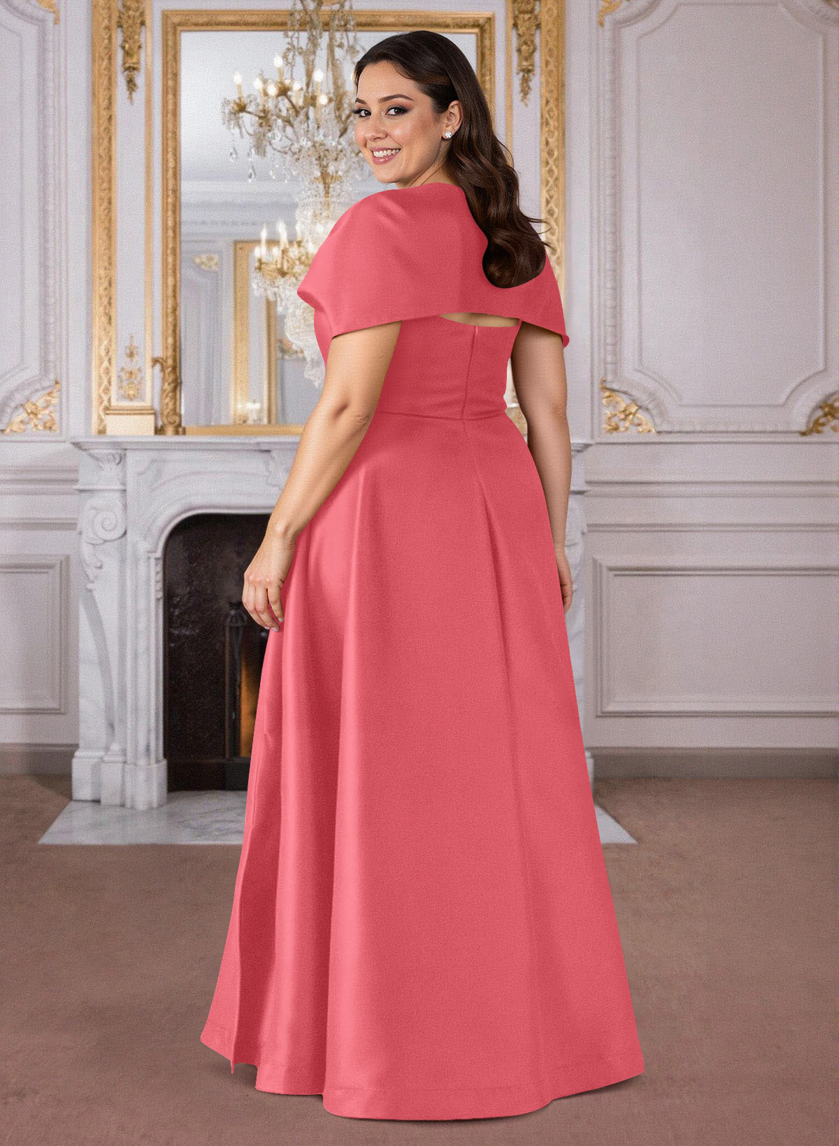 A-Line Cape Sleeves Floor-Length Satin Mother Of The Bride Dresses, product image 62