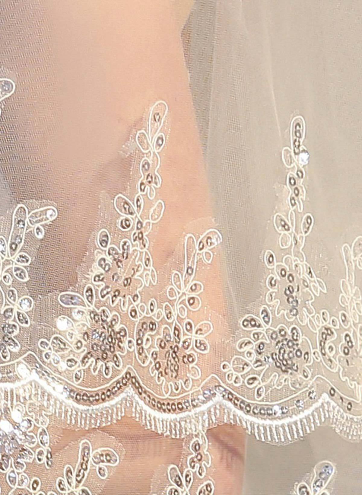 Lace Applique Edge Floral Two-Tier Tulle/Lace Elbow Bridal Veils
