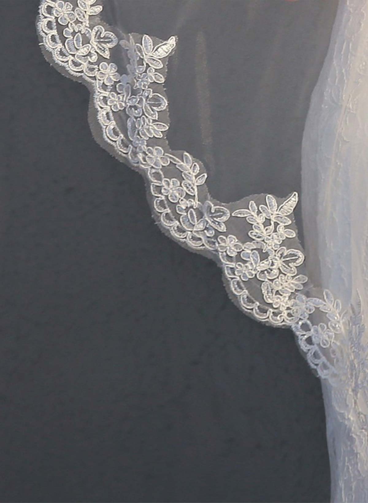 Lace Applique Edge Floral One-Tier Tulle/Lace Fingertip Bridal Veils
