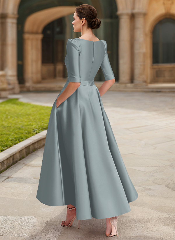 A-Line V-Neck 1/2 Sleeves Ankle-Length Satin Mother Of The Bride Dresses