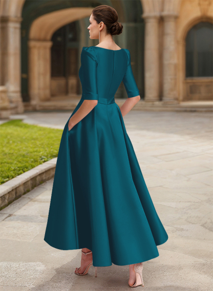 A-Line V-Neck 1/2 Sleeves Ankle-Length Satin Mother Of The Bride Dresses