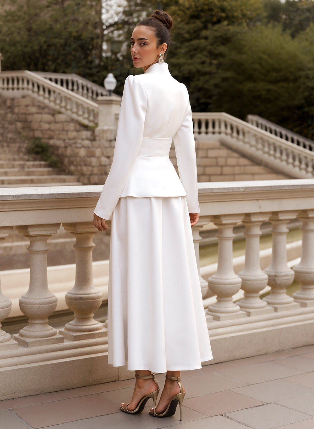 Two Pieces A-Line V-Neck Long Sleeves Ankle-Length Elastic Satin Mother Of The Bride Dresses