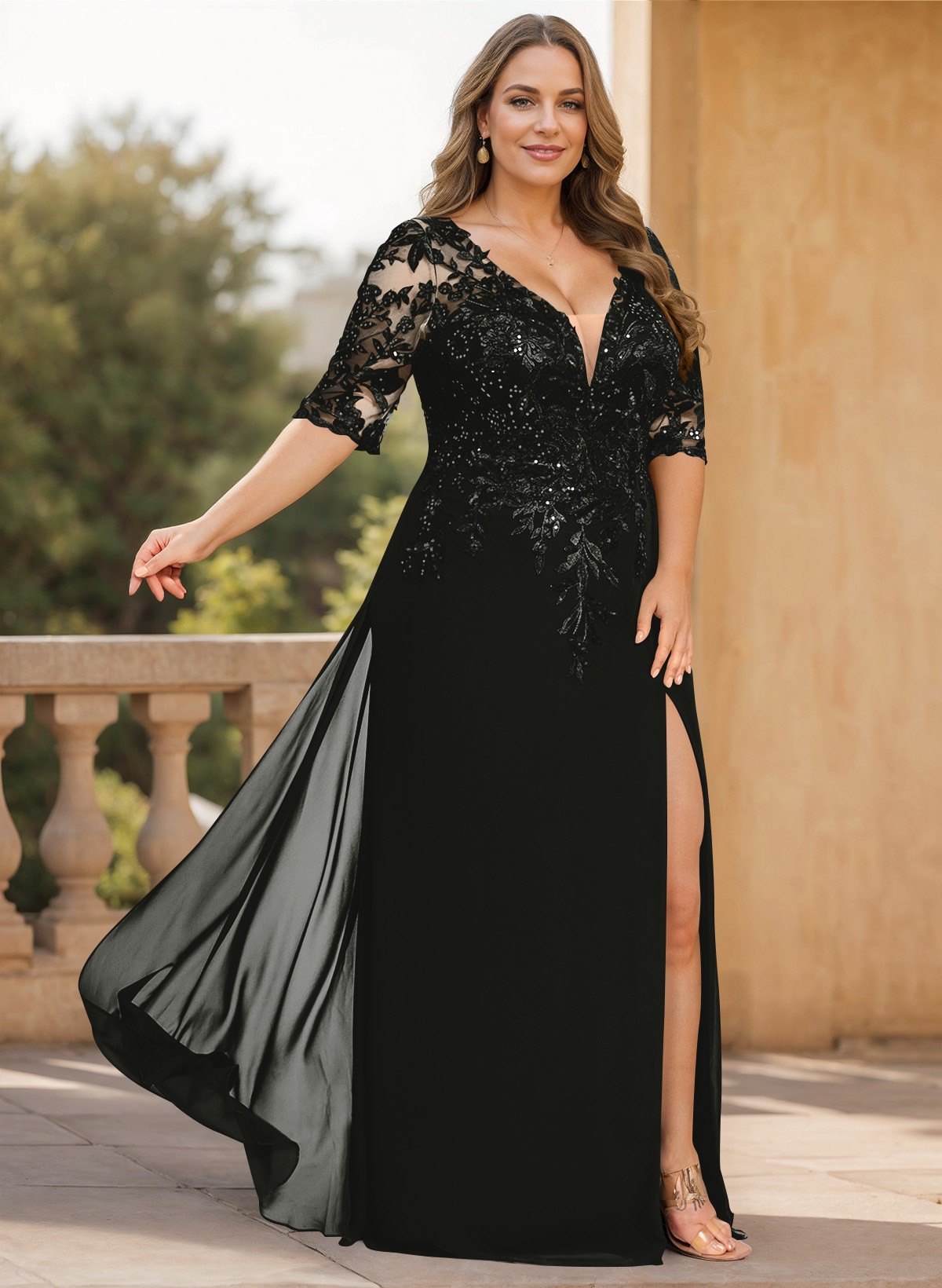 Exquisite Plunge Neck Floral Embroidered Sleeves Chiffon Mother Of The Bride Dresses With High Split