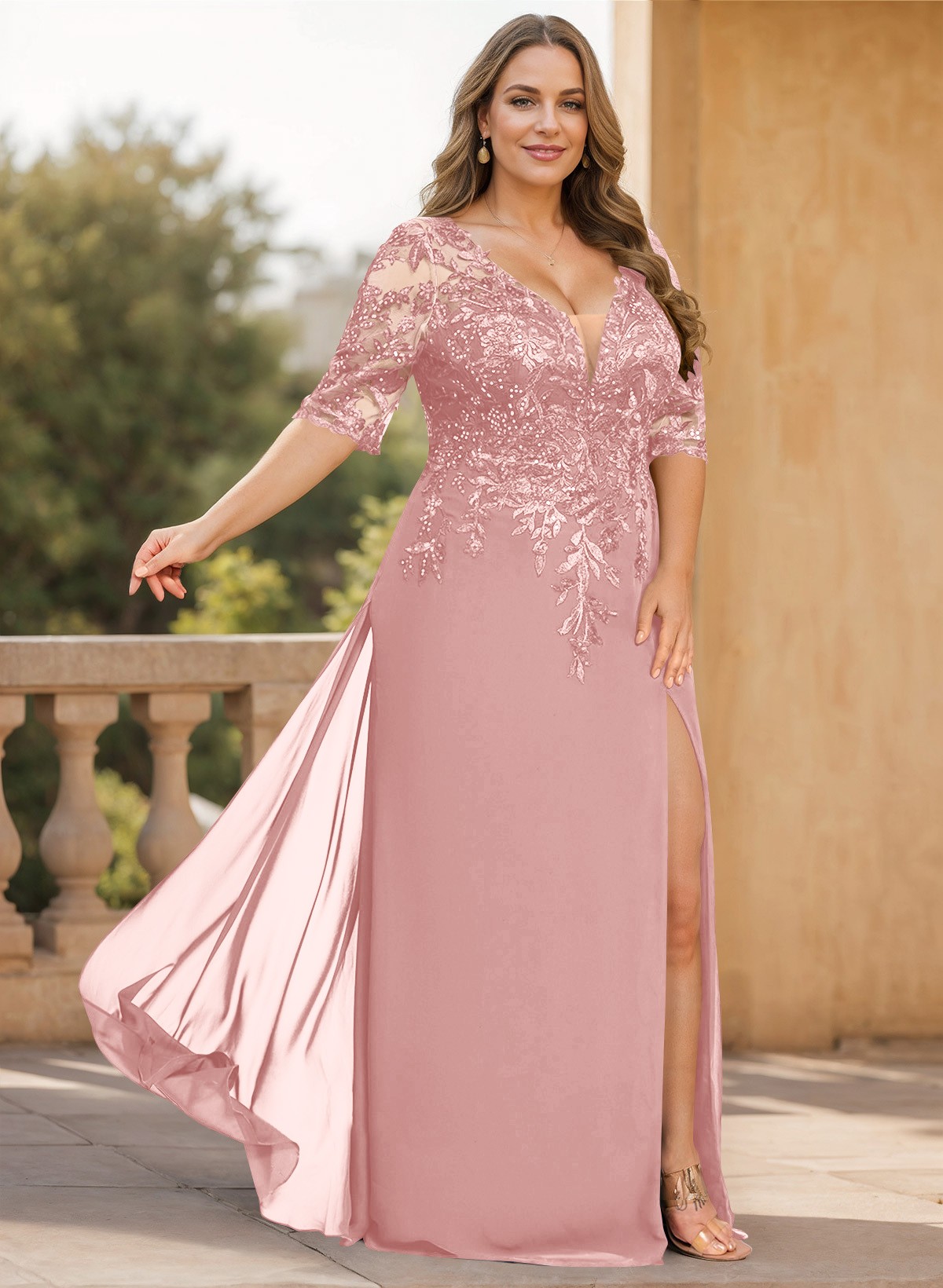 Exquisite Plunge Neck Floral Embroidered Sleeves Chiffon Mother Of The Bride Dresses With High Split