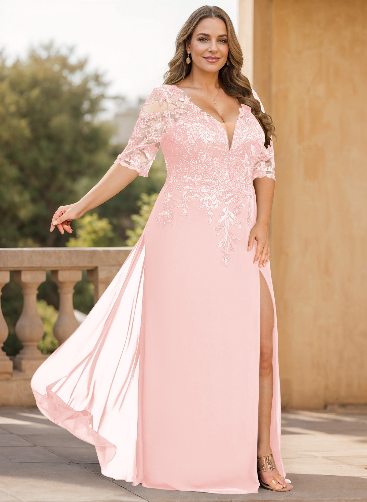 Exquisite Plunge Neck Floral Embroidered Sleeves Chiffon Mother Of The Bride Dresses With High Split