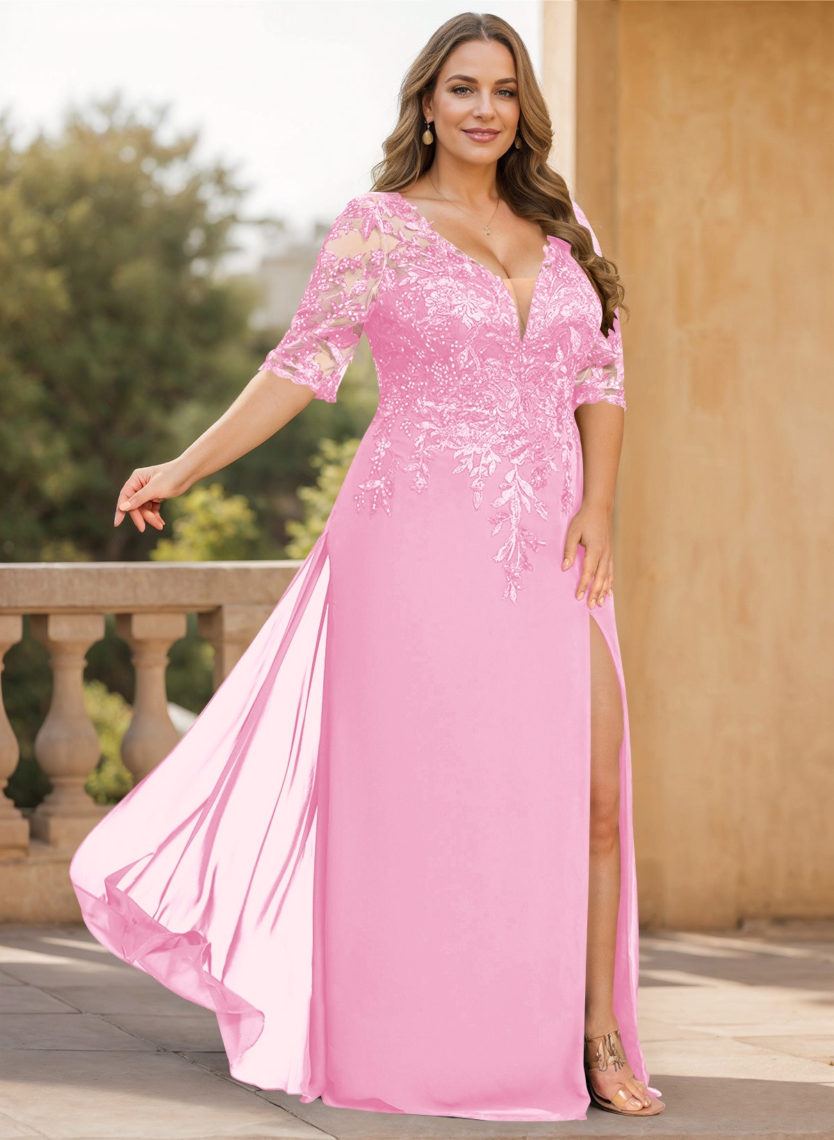 Exquisite Plunge Neck Floral Embroidered Sleeves Chiffon Mother Of The Bride Dresses With High Split