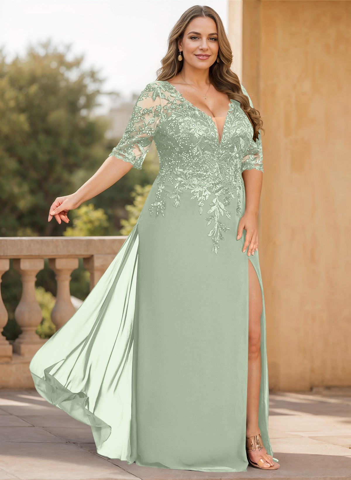 Exquisite Plunge Neck Floral Embroidered Sleeves Chiffon Mother Of The Bride Dresses With High Split