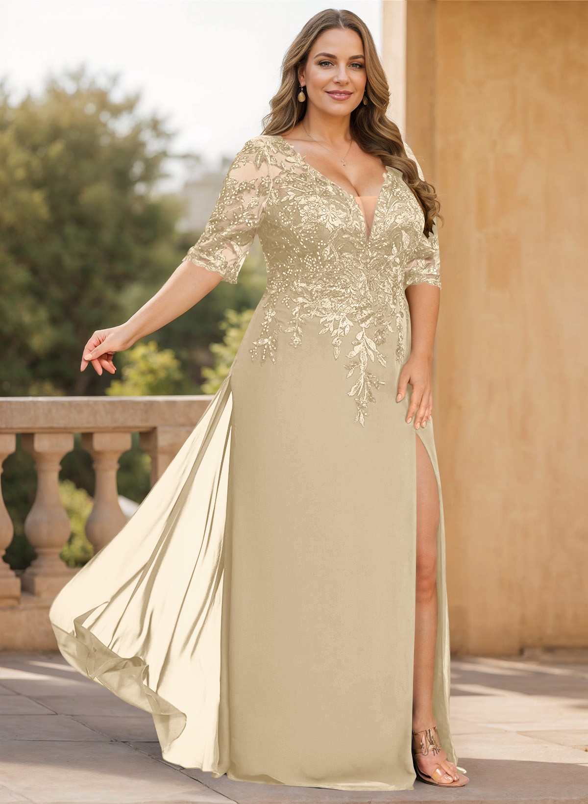 Exquisite Plunge Neck Floral Embroidered Sleeves Chiffon Mother Of The Bride Dresses With High Split