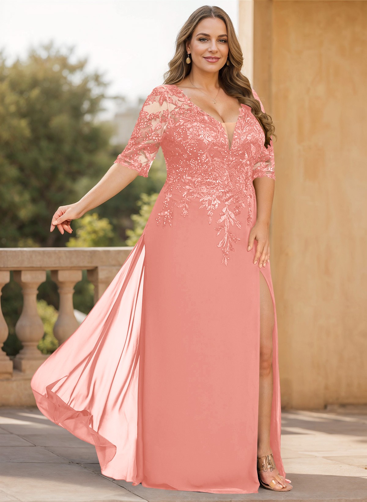 Exquisite Plunge Neck Floral Embroidered Sleeves Chiffon Mother Of The Bride Dresses With High Split