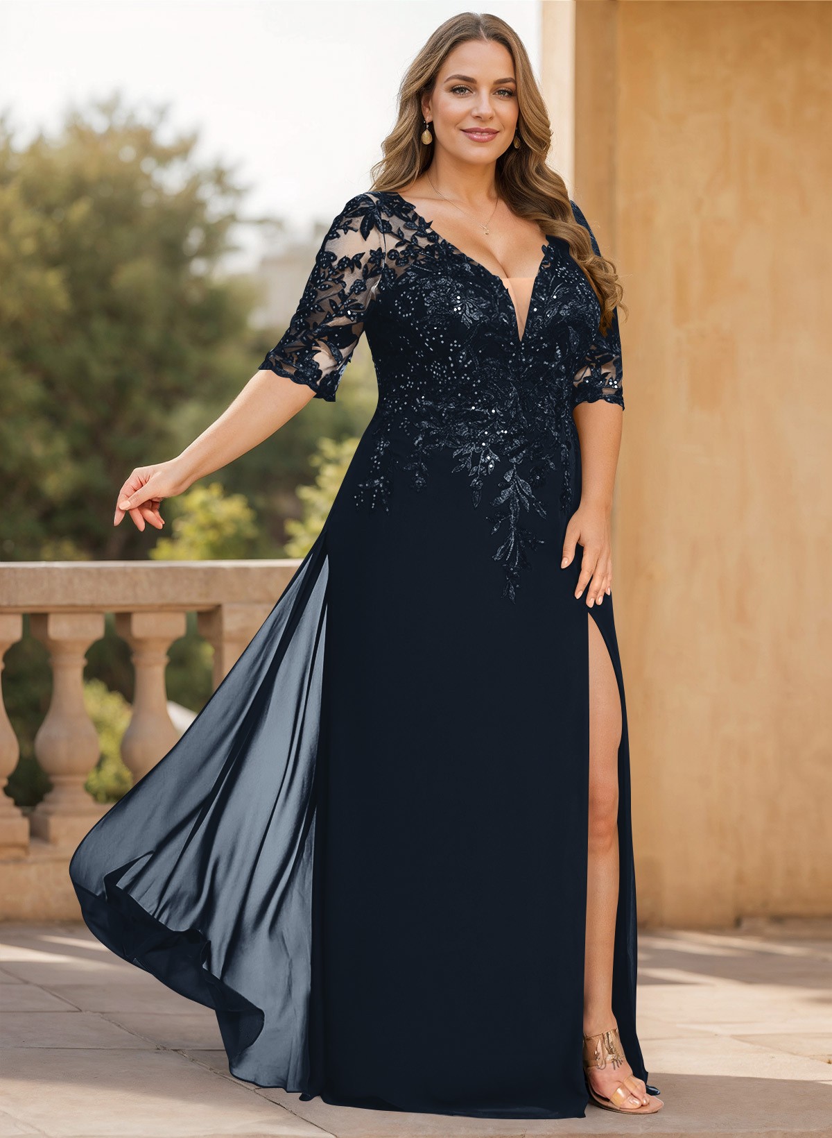 Exquisite Plunge Neck Floral Embroidered Sleeves Chiffon Mother Of The Bride Dresses With High Split