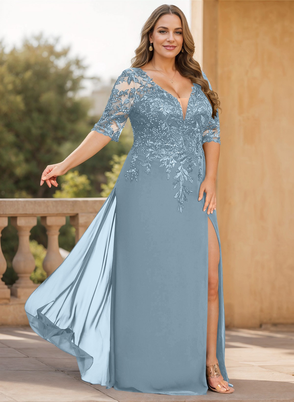 Exquisite Plunge Neck Floral Embroidered Sleeves Chiffon Mother Of The Bride Dresses With High Split