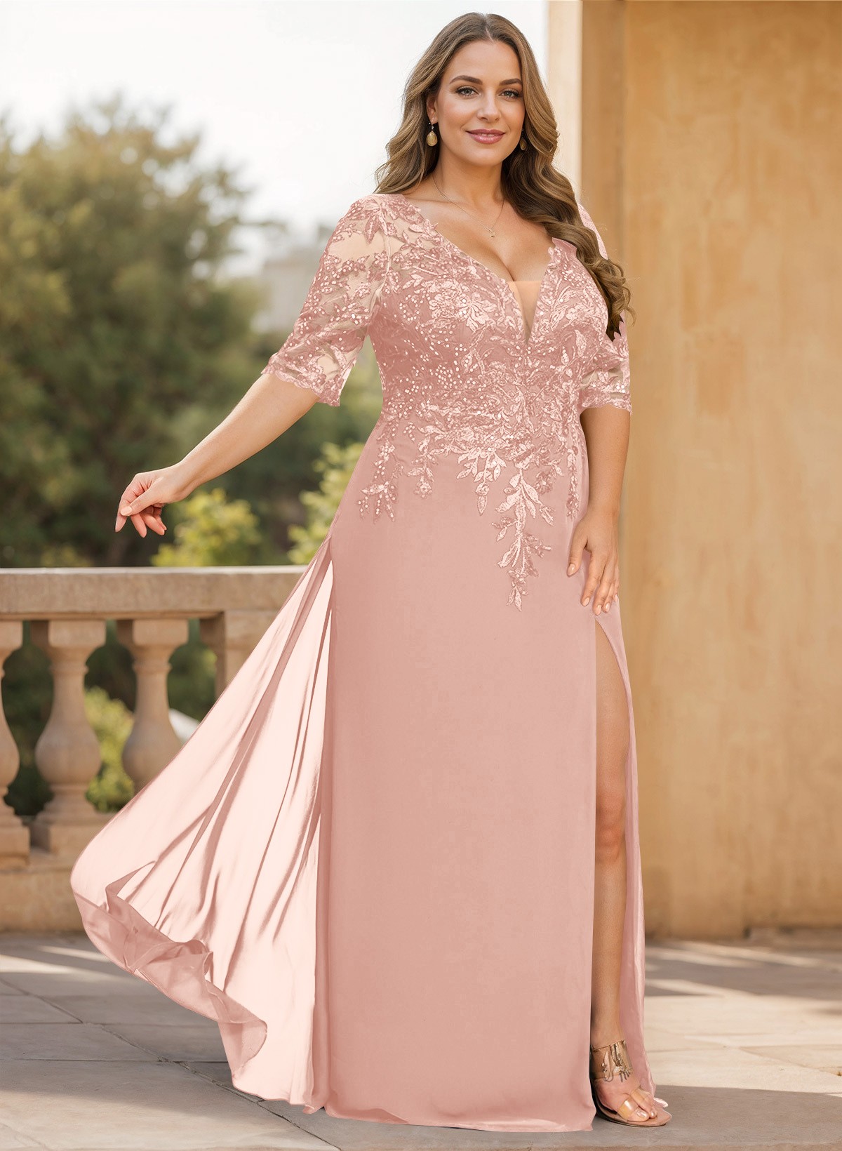 Exquisite Plunge Neck Floral Embroidered Sleeves Chiffon Mother Of The Bride Dresses With High Split
