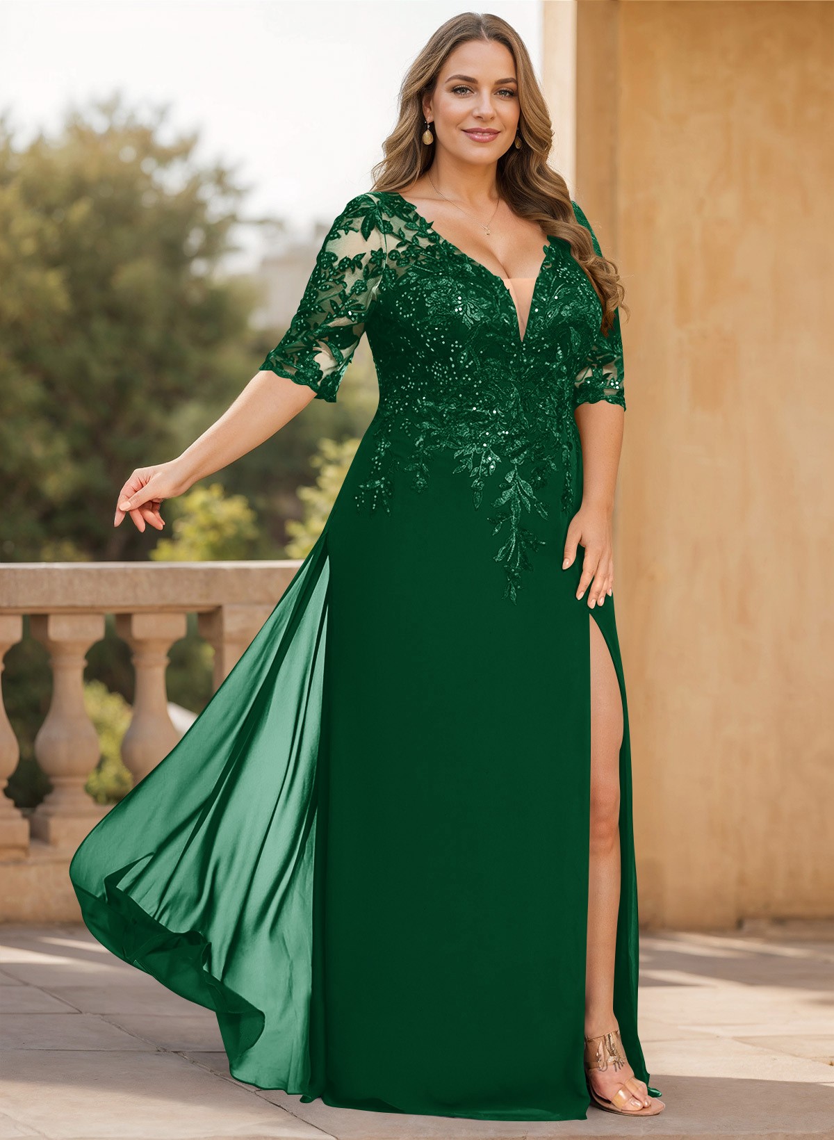 Exquisite Plunge Neck Floral Embroidered Sleeves Chiffon Mother Of The Bride Dresses With High Split