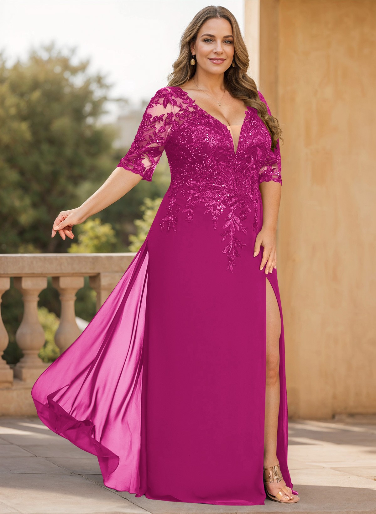 Exquisite Plunge Neck Floral Embroidered Sleeves Chiffon Mother Of The Bride Dresses With High Split