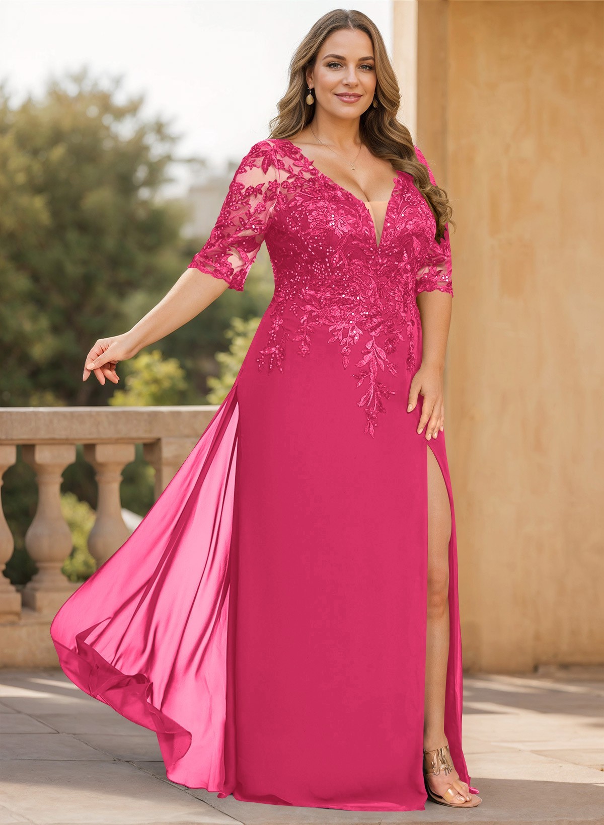 Exquisite Plunge Neck Floral Embroidered Sleeves Chiffon Mother Of The Bride Dresses With High Split