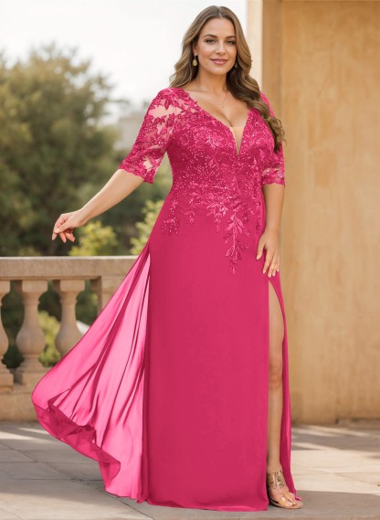 Exquisite Plunge Neck Floral Embroidered Sleeves Chiffon Mother Of The Bride Dresses With High Split