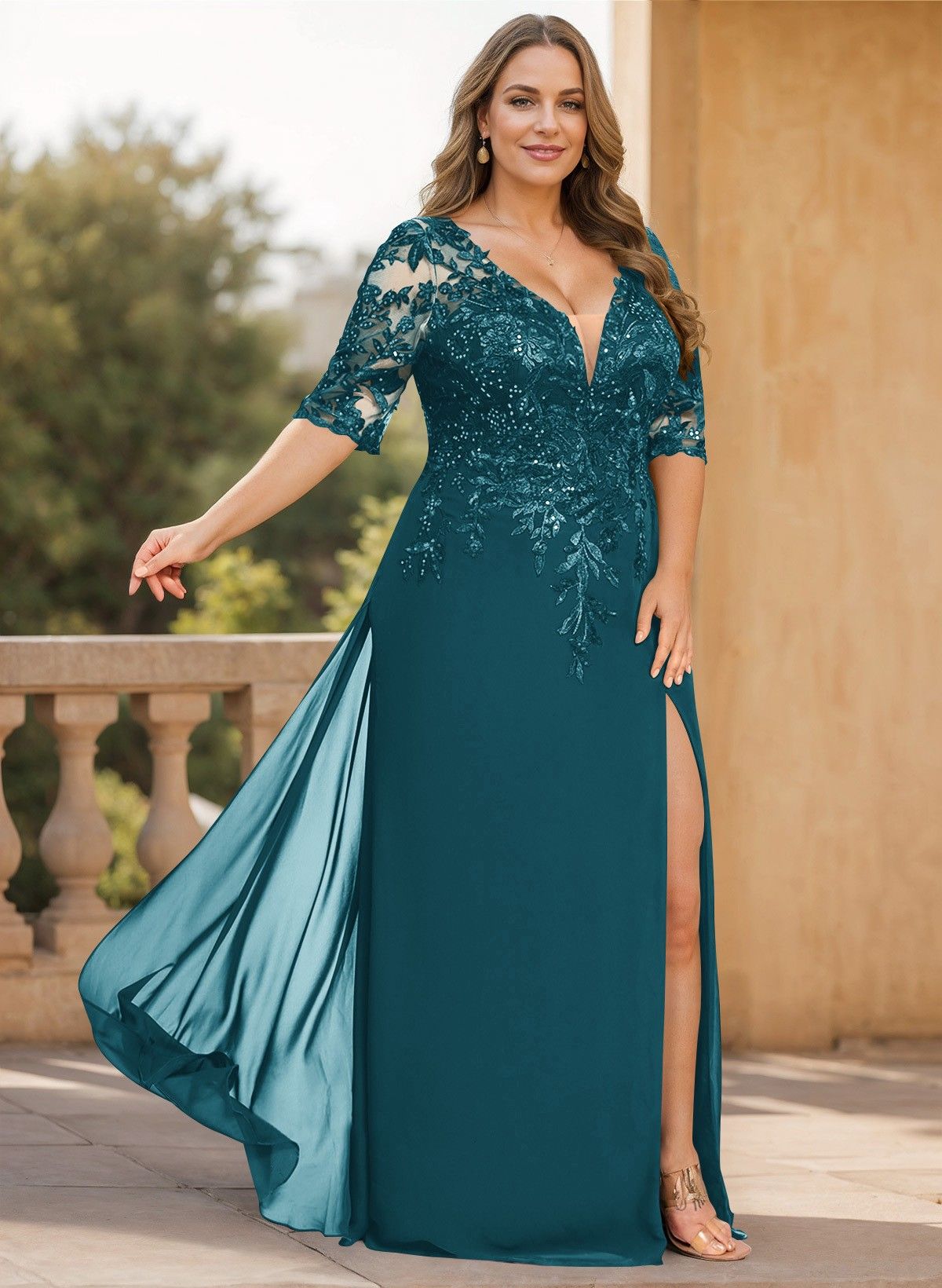 Exquisite Plunge Neck Floral Embroidered Sleeves Chiffon Mother Of The Bride Dresses With High Split