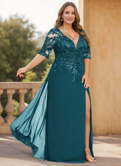 Exquisite Plunge Neck Floral Embroidered Sleeves Chiffon Mother Of The Bride Dresses With High Split